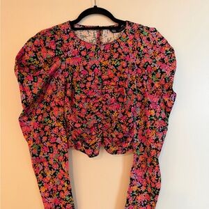 Zara Black Floral Puff-Sleeve Crop Top - Pink & Green